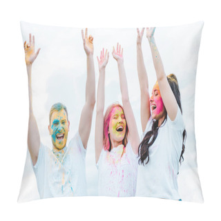 Personality  Happy Group Of Friends With Closed Eyes Smiling While Standing With Outstretched Hands  Pillow Covers