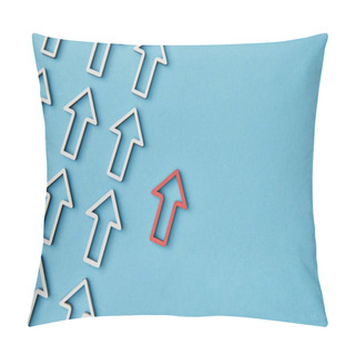 Personality  Top View Of Red Pointer Near Diagonal Rows With White Arrows On Blue Background Pillow Covers