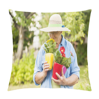 Personality  Senior Woman Smelling Flowers Pillow Covers