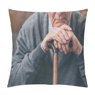 Personality  Cropped View Of Upset Retired Man With Walking Cane Pillow Covers