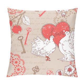 Personality  Valentine Romantic Retro Seamless Pattern With Hearts And Doves Pillow Covers