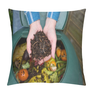 Personality  Close Up Of Man In Garden At Home Holding Sustainable Compost Made From Rotted Down Household Food Waste With Worms Visible Pillow Covers