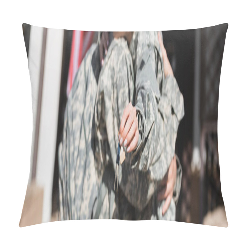 Personality  Cropped View Of Keys With Blurred Military Couple Embracing On Background, Banner Pillow Covers