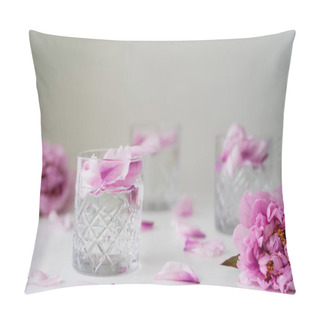 Personality  Pink Peonies And Glasses With Tonic And Petals On White Surface Isolated On Grey Pillow Covers