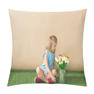 Personality  Happy Child Sitting With Crossed Legs And Looking At Flowers And Butterflies Pillow Covers