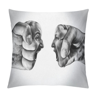 Personality  Two Fists With A Male And Female Face Collide With Each Other On Light Background. Concept Of Confrontation, Competition, Family Quarrel Etc. Black And White. Pillow Covers