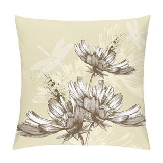 Personality  Abstract Blooming Flowers Flying Dragonflies, Hand-drawing. Vector Illustra Pillow Covers