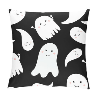 Personality  Seamless Pattern With Cute Little Cartoon Ghosts. White Ghosts On Black Background. Halloween Illustration. Pattern For Paper, Textile, Game, Web Design. Pillow Covers