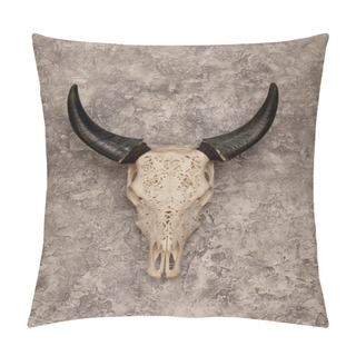 Personality  Head Skull Of A Bull With Carved Patterns And Horns On The Background Of Textured Walls Pillow Covers