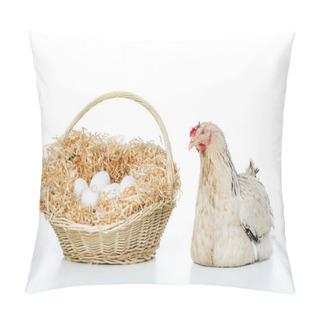 Personality  Hen With Wicker Basket And Eggs Isolated On White Pillow Covers