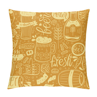 Personality  Seamless Pattern With Beer And Hand-drawn Lettering. Beer And Snack. Background For Bar, Pub, Cafe, Fest And Party. Vector Cartoon Illustration. Pillow Covers