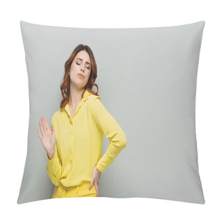 Personality  Smug Woman Showing Refuse Gesture While Standing With Hand On Hip On Grey Pillow Covers