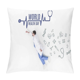 Personality  Creative Collage Of Doctor Flying Like Super Hero With World Health Day Inscription And Medical Icons Pillow Covers