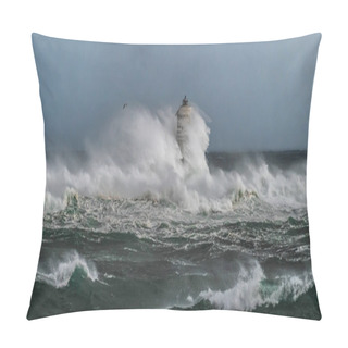 Personality  The Lighthouse Of The Mangarche Of Calasetta In Southern Sardinia Submerged By The Waves Of A Stormy Sea Pillow Covers
