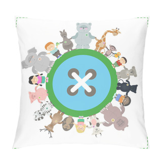 Personality  Protection Of Animals And The Earth, Living In Harmony. Different Animals And Children Of Different Nationalities Holding Hands. Vector Cartoon Pillow Covers