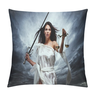 Personality  Femida, Goddess Of Justice, With Scales And Sword Against Dramatic Stormy Sky Pillow Covers