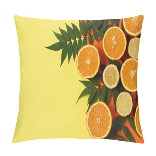 Personality  Halves Of Lemons And Oranges With Green Leaves On A Bright Yellow-orange Background. Copy Space. Flat Lay Pillow Covers