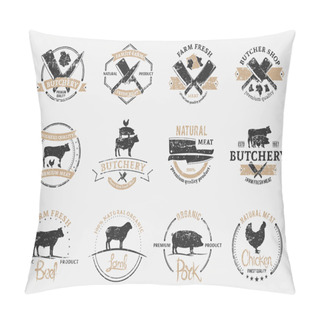 Personality  Butchery Logos, Labels, And Design Elements. Farm Animals Silhouettes And Icons Pillow Covers