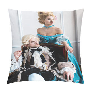 Personality  Victorian Woman Standing Near Man In Wig Sitting On Antique Chair  Pillow Covers