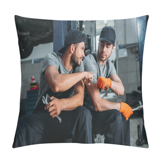 Personality  Manual Workers Bumping Fists Together In Mechanic Shop Pillow Covers