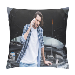 Personality  Frustrated Man Talking On Smartphone While Standing Near Broken Auto With Open Trunk, Car Insurance Concept Pillow Covers