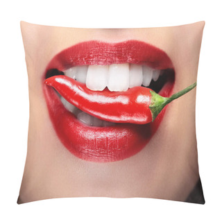 Personality  Woman Lips And Chili Pepper.Closeup Of Lips With Red Lipstick.Passionate Red Lips,macro Photography.Closeup Photo. Beauty Studio Shot. Pillow Covers