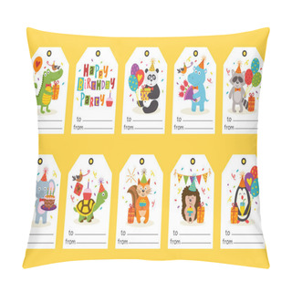 Personality  Set Of Tags With Funny Animals Happy Birthday - Vector Illustration, Eps Pillow Covers