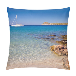 Personality  White Yacht On The Idyllic Beach Lagoon Of Crete Pillow Covers