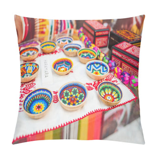 Personality  MOSCOW, RUSSIA - June 29, 2018: The 2018 FIFA World Cup. A National House For Mexican Fans In Gostiny Dvor. National Souvenirs Crafts Of The Huichol Mosaic Of Beads Pillow Covers