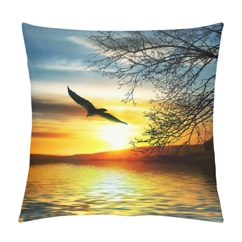 Personality  Bird flying above water. pillow covers