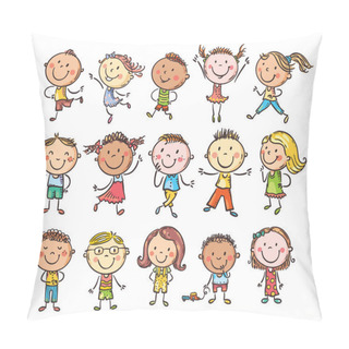 Personality  Set Of Hand Drawn Cute Cartoon Doodle Kids. Happy Children Different Cultures And Skin Color Pillow Covers