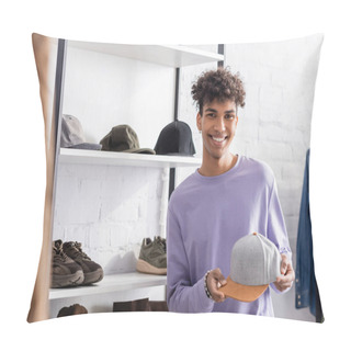 Personality  Smiling African American Owner Of Showroom Looking At Camera While Holding Cap  Pillow Covers
