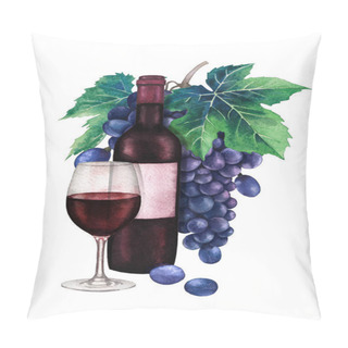 Personality  Watercolor Glass Of Red Wine, Dark Bottle And Bunch Of Blue Grapes Pillow Covers