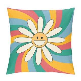 Personality  Groovy Background With Smiling Daisy Flower. Swirl Sunburst Rays Background. 70 S Hippie Retro Style. Vector Illustration Pillow Covers