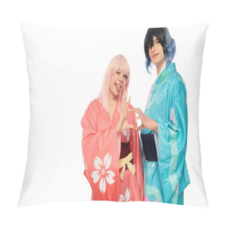 Personality  Anime Style Woman Sticking Out Tongue And Showing Heart Sigh With Extravagant Man In Kimono On White Pillow Covers