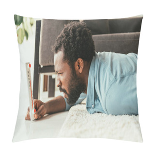 Personality  Shocked African American Man Looking At Thermometer While Lying On Floor And Suffering From Summer Heat Pillow Covers