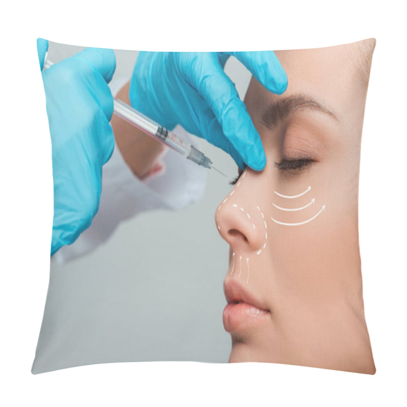 Personality  Cropped View Of Cosmetologist Making Beauty Injection In Nose To Attractive Woman Isolated On Grey Pillow Covers