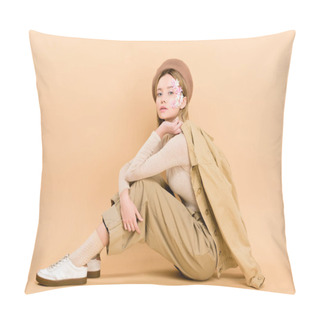 Personality  Attractive Girl In Beret Posing While Sitting On Floor Isolated On Beige  Pillow Covers