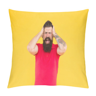Personality  Oh No. Losing Concept. Failure. Disappointed Guy. Inner Energy. Lost Success. Bearded Man In Casual Style Regretting. Sadness And Regret. Man Unhappy Expression Yellow Background. Crush And Failure Pillow Covers