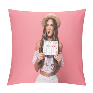 Personality  Portrait Of Brunette Beautiful Woman 20s Wearing Straw Hat Holding Pms Calendar Isolated Over Pink Background In Studio Pillow Covers