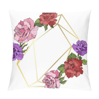 Personality  Vector. Rose Flowers And Golden Crystal Frame. Pink, Red And Purple Engraved Ink Art. Geometric Crystal Polyhedron Shape On White Background.  Pillow Covers