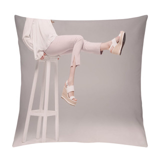 Personality  Cropped Image Of Woman Posing And Showing Legs On Chair On Grey Background  Pillow Covers