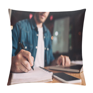 Personality  Cropped View Of Businessman Writing In Notebook Near Smartphone And Laptop  Pillow Covers
