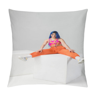 Personality  Fashion Trends, Tattooed Young Woman With Blue Hair Sitting With Outstretched Legs On White Cube On Grey Background, Full Length, Individualism, Modern Style, Urban Fashion, Vibrant Color, Model  Pillow Covers