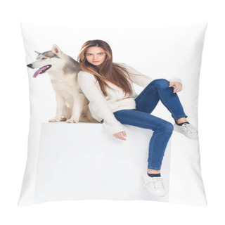 Personality  Beautiful Girl Sitting On White Cube With Husky Dog, Isolated On White Pillow Covers