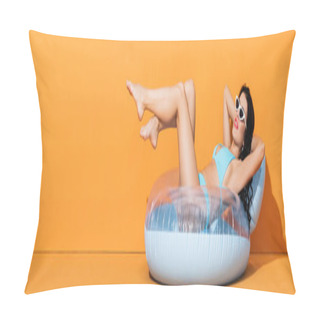 Personality  Panoramic Crop Of Barefoot Woman In Sunglasses And Swimwear Lying On Inflatable Ring On Orange  Pillow Covers