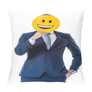 Personality  KYIV, UKRAINE - AUGUST 12, 2019: Businessman In Blue Suit Holding Happy Smiley In Front Of Face Isolated On White Pillow Covers