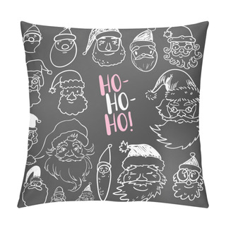 Personality  Funny Doodle Santa Faces Holiday Icons Collection. Ho-Ho-Ho, Lettering. Pillow Covers