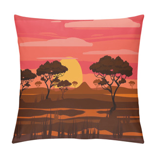 Personality  Sunset In Africa, Savanna Landscape With The Silhouettes Of Trees, Grass Bushes Horison Orange Sun. Reserves And National Parks Outdoor. Vector Illustration Isolated Cartoon Style Pillow Covers