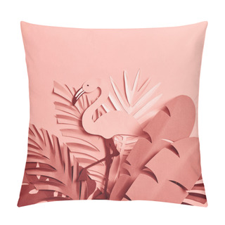 Personality  Bunch Of Paper Cut Palm Leaves And Flamingo On Pink Background Pillow Covers